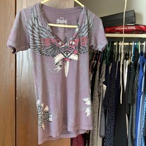 Affliction sinful woman’s T-shirt, size small gray and pink trimming